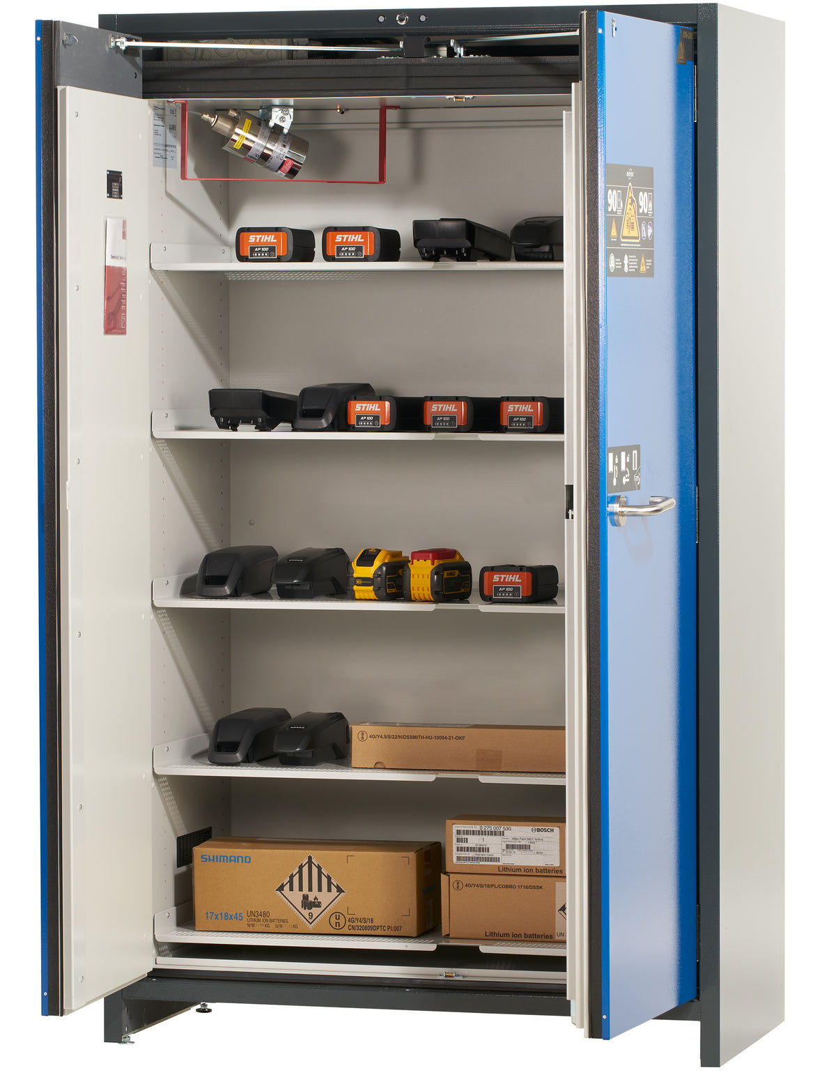 ION-PRO-90 Store lithium-ion battery storage cabinet with 5 insulated shelves