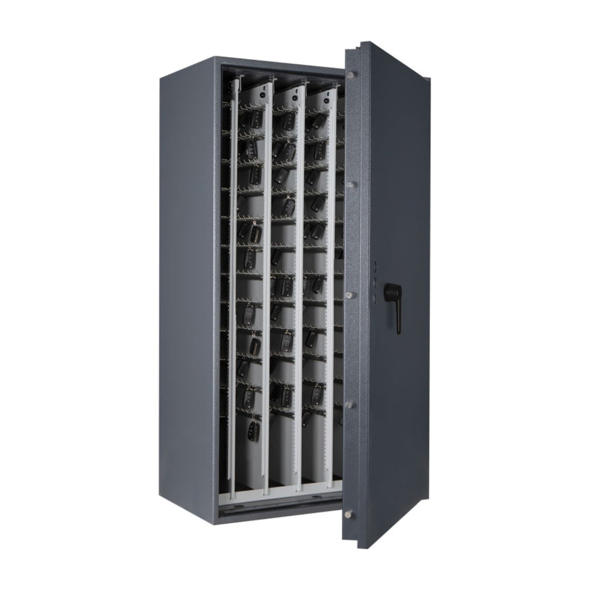 STL AS car key safe in graphite grey, door open showing pull-out racks loaded with car keys and fobs
