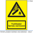 Skylt om att tryckcylindrar avlägsnas vid brand – 297 mm x 210 mm – självhäftande vinyl